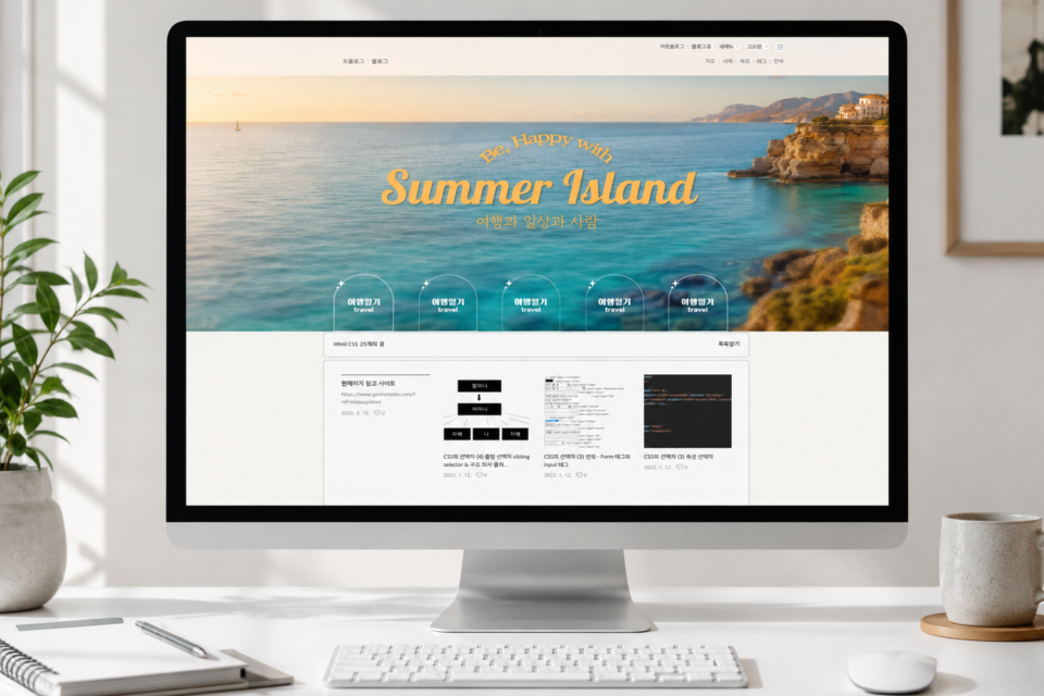 Summer Island 여행 블로그 메인 화면이 표시된 데스크톱 목업